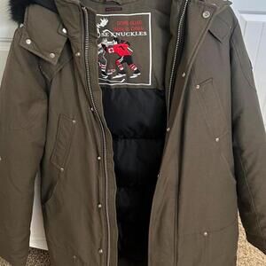 Green / Khaki and black fur trim Moose Knuckles puffer skii jacket